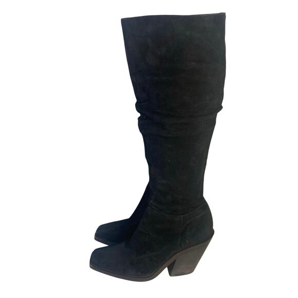 Vince Camuto Black Suede Slouch Knee High Side Zip Square Toe Heel Women 7 Boot - Picture 1 of 8